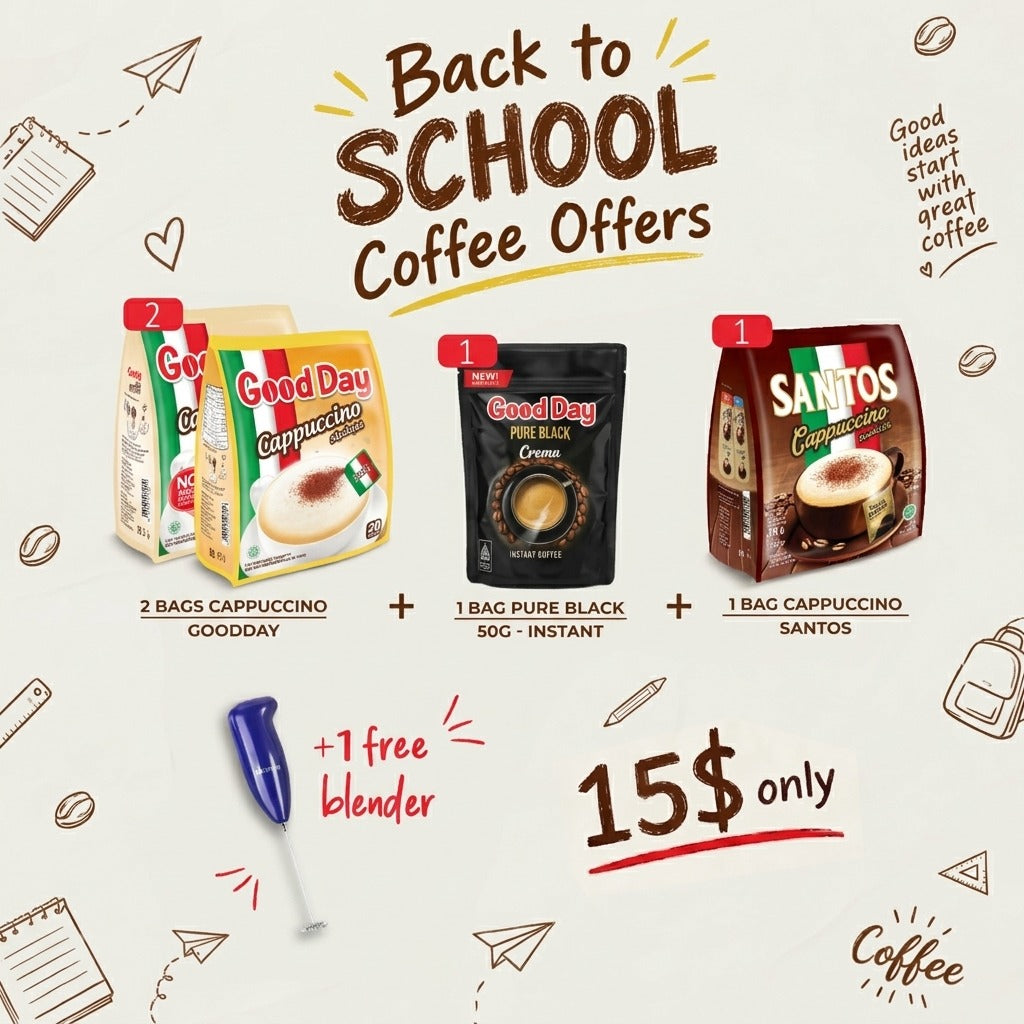 Coffee Bundle Offer: 2 Bags Good Day Cappuccino + 1 bag Good Day Pure Black + 1 Bag Santos Cappuccino + Blender