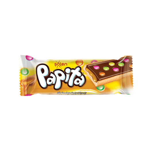 PAPITA crispy biscuit coated in chocolate, filled in flavored cream and decorated with colorful candies (33g) - 24 Pieces per box