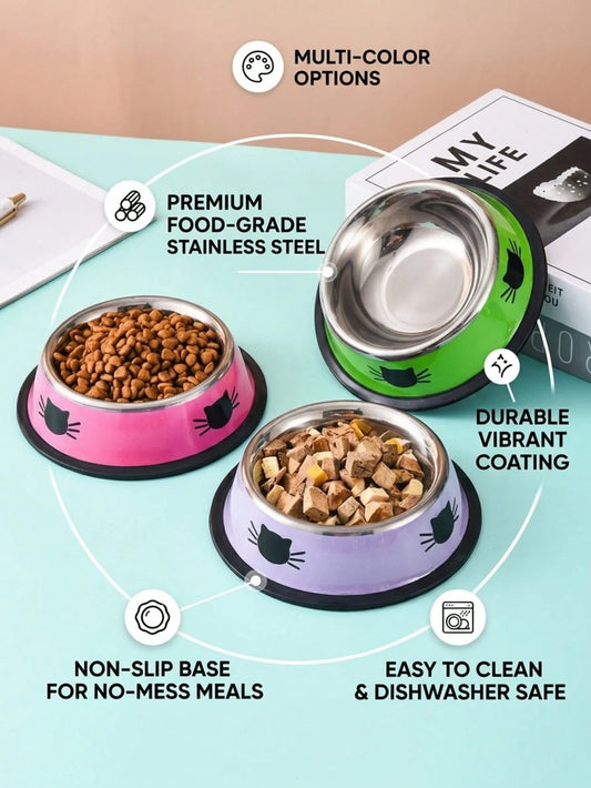 Stainless Steel Cat Bowl – Colorful Non‑Slip Food & Water Dish