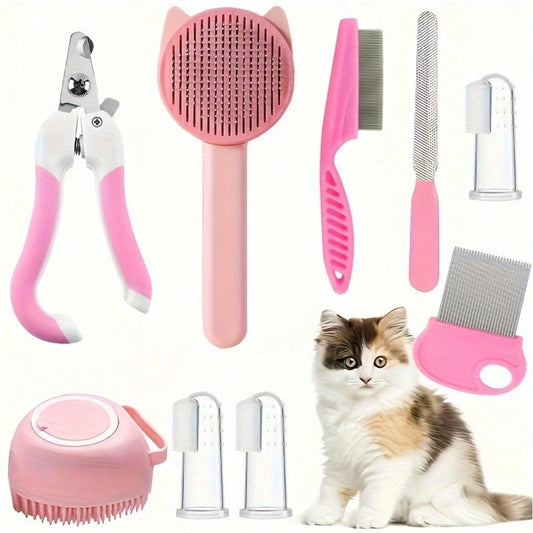 8-Piece Cat & Dog Grooming Kit | Self-Cleaning Brush & Nail Care Set