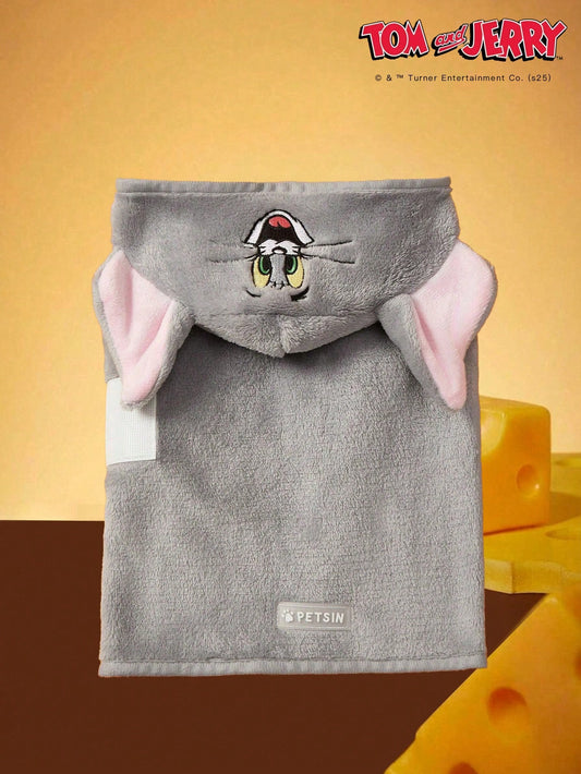 TOM & JERRY Embroidered Cat Face Plush Hooded Pet Bathrobe – Soft, Absorbent & Comfortable