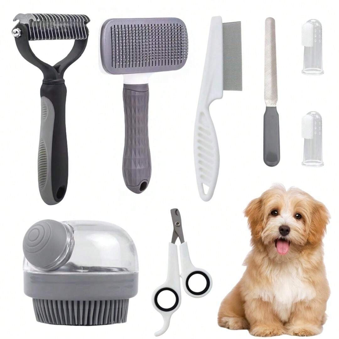8-Piece Cat & Dog Grooming Kit | Self-Cleaning Brush & Nail Care Set