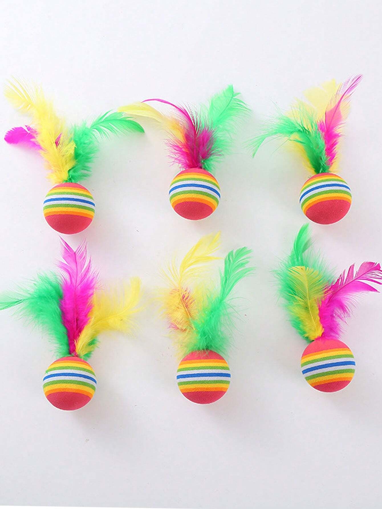 Interactive Rainbow Feather Cat Balls | Colorful Cat Toy (Set of 6 Pieces)