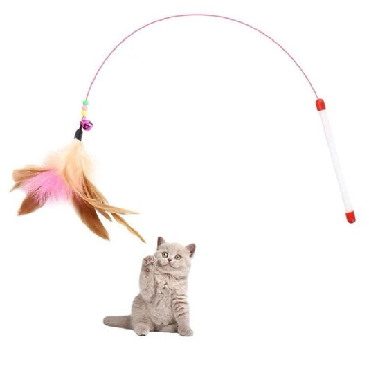 Interactive Cat Wand Toy with Feathers & Bell – Flexible Teaser Wand