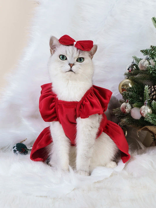 Santa Claus Princess Pet Dress – Warm Christmas Fleece Outfit for Dogs & Cats