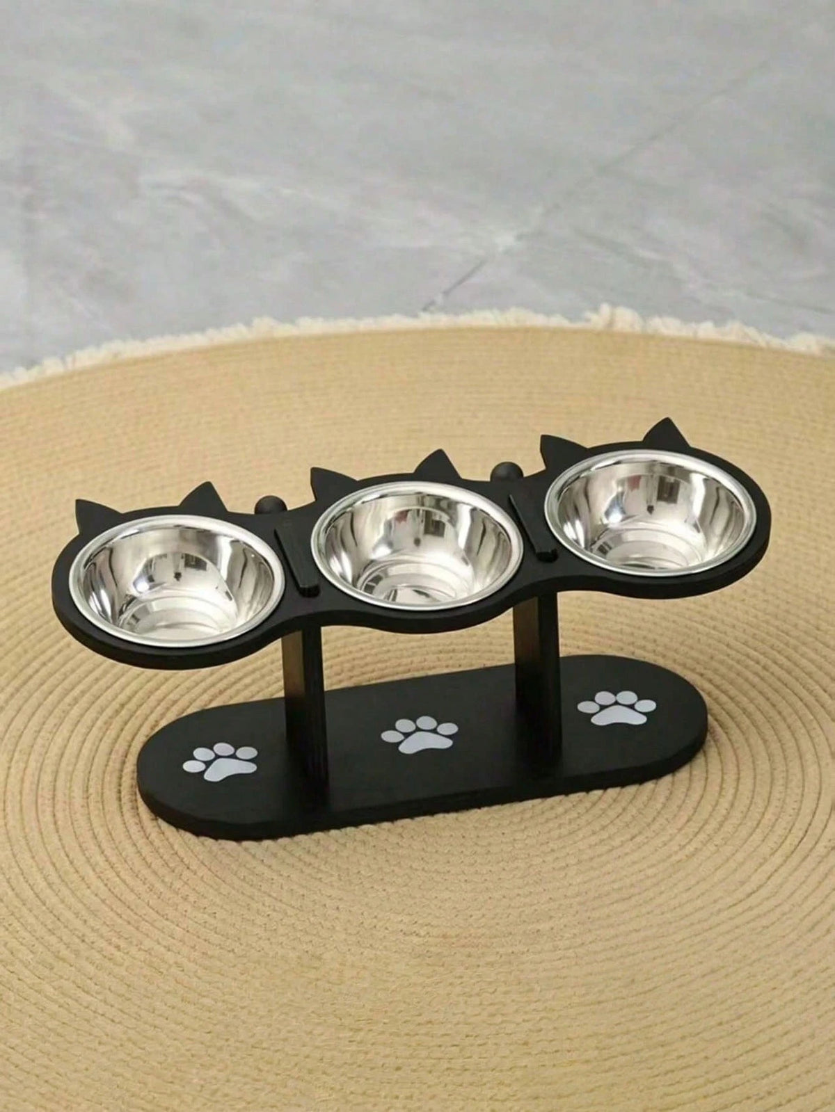 15° Tilted Wooden Pet Feeding Stand – 3 Stainless Steel Bowls for Cats & Small Dogs