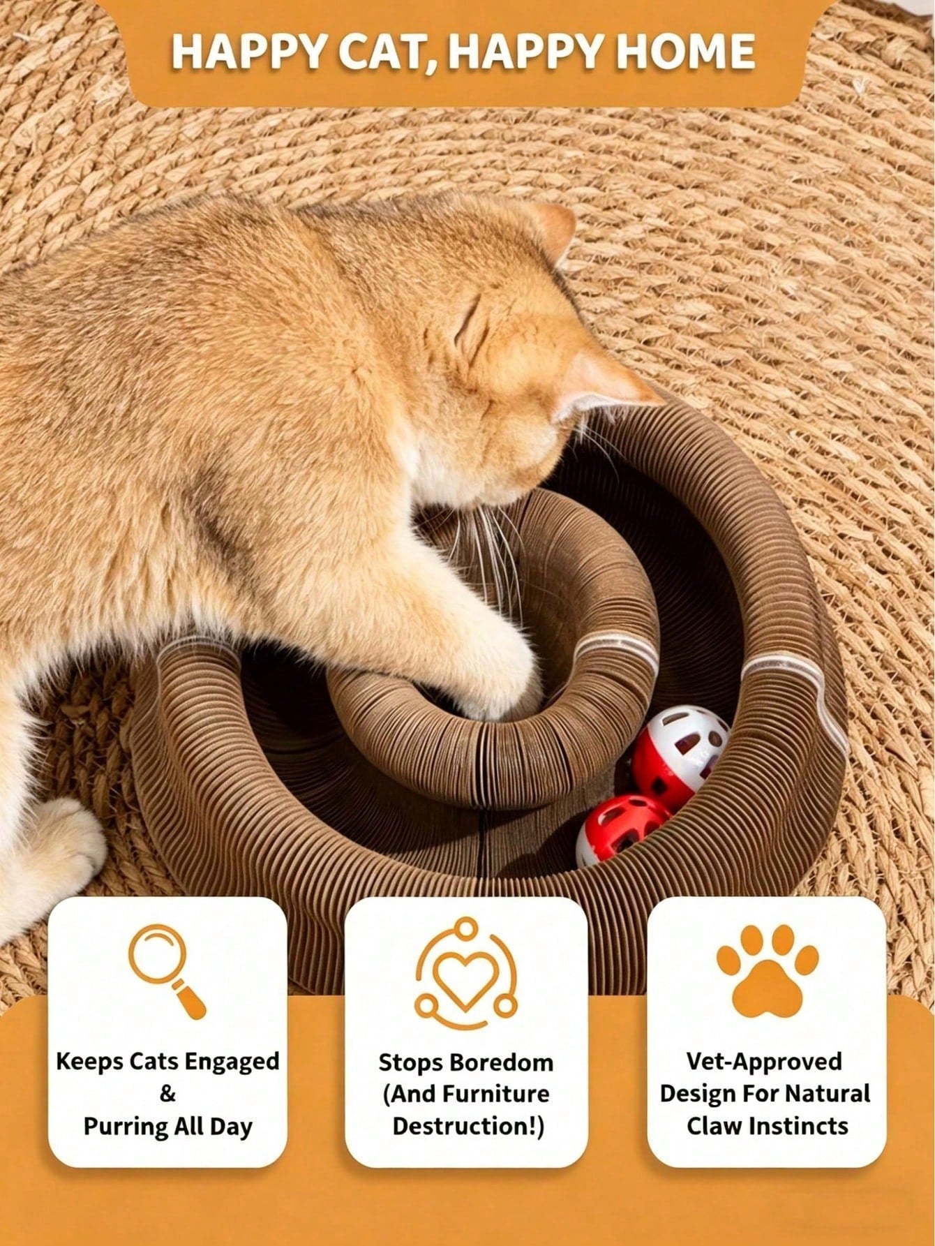 Interactive Accordion Cat Scratching Board with Bell Ball | Foldable Cardboard Cat Scratcher