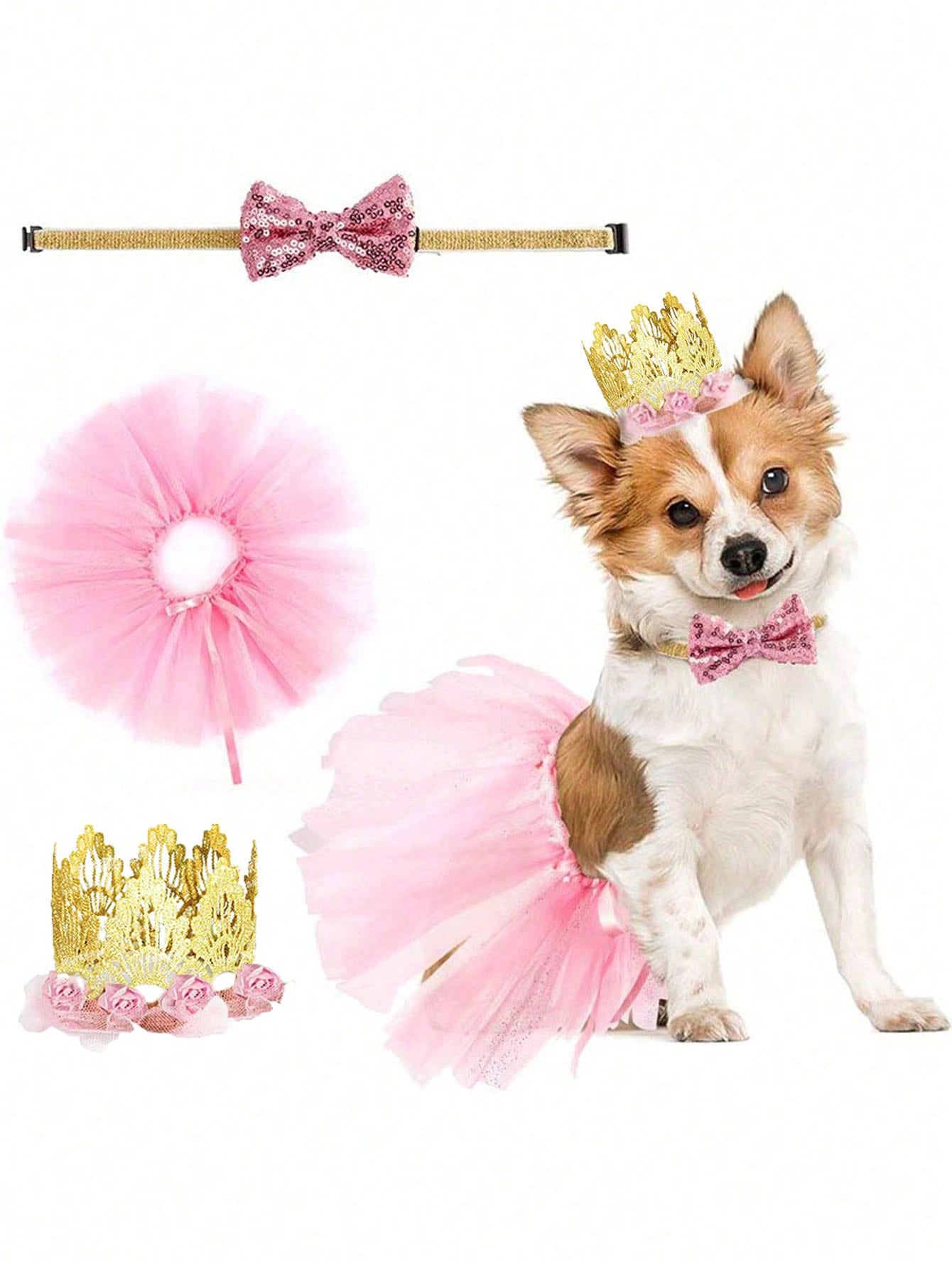 Dog Birthday Party Set with Crown Hat, Bow Tie & Tutu Skirt