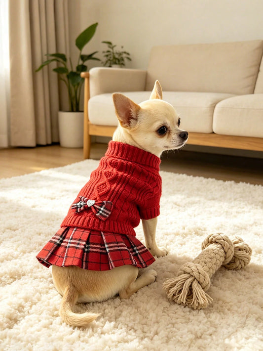 Dog Sweater Dress – High Collar Knitted Winter Outfit for Small Dogs