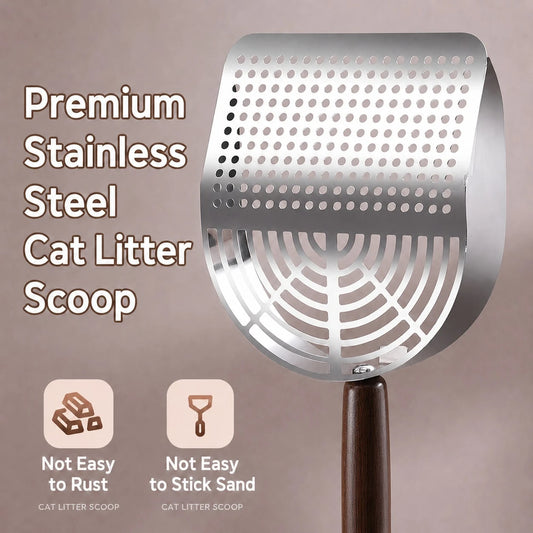 Stainless Steel Cat Litter Scoop with Wooden Handle – Deep Bucket Sieve, Anti‑Stick & Anti‑Rust Pet Cleaning Tool