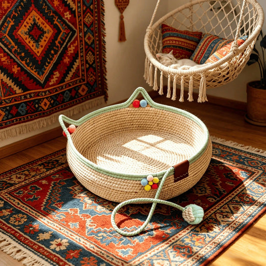 Woven Rattan Cat Bed with Scratching Board & Play Ball – Handmade Pet Nest
