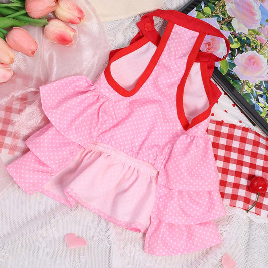 Pink Polka Dot Dog Dress with Red Bow – Small Dog Party Dress