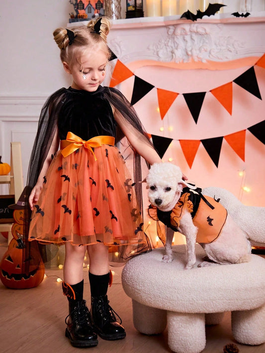 Halloween Bat Dog Costume – Orange Tulle Dress with Bow