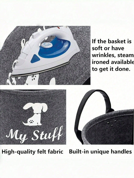 Grey Pet Toy Storage Basket with Handle | Dog Toy Organizer