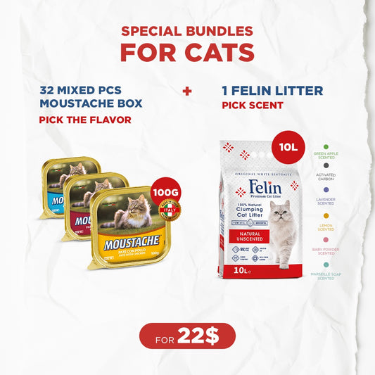 Cat Bundle Offer: 32 Moustache Paté (100g) + 1 Felin Cat Litter (10L)