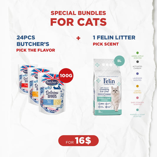Cat Bundle Offer: 24 Butcher's Delicious Dinners (100g) + 1 Felin Cat Litter (5L)