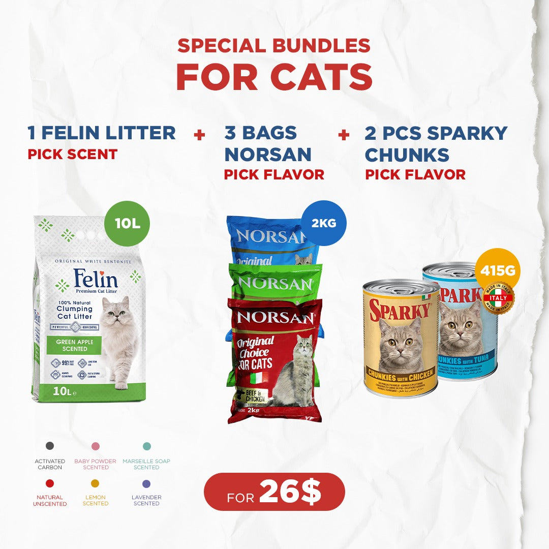 Cat Bundle Offer: 1 Felin Cat Litter (10L) + 3 Norsan Dry Food (2kg) + 2 Sparky Chunks (415g)