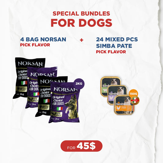 Dog Bundle Offer: 4 Norsan Dry Food (2kg) + 24 Simba Paté (150g)