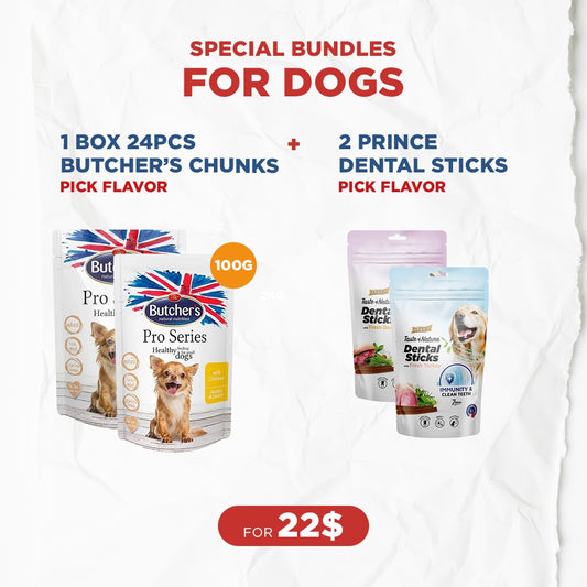 Dog Bundle Offer: 24 Butcher's Chunks (100g) + 2 Prince Dental Sticks