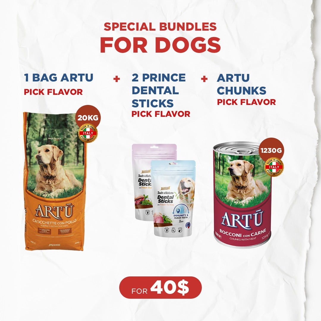 Dog Bundle Offer: 1 Artu kibbles (20kg) + 2 Prince Dental Sticks + 1 Artu Chunks (1230g)