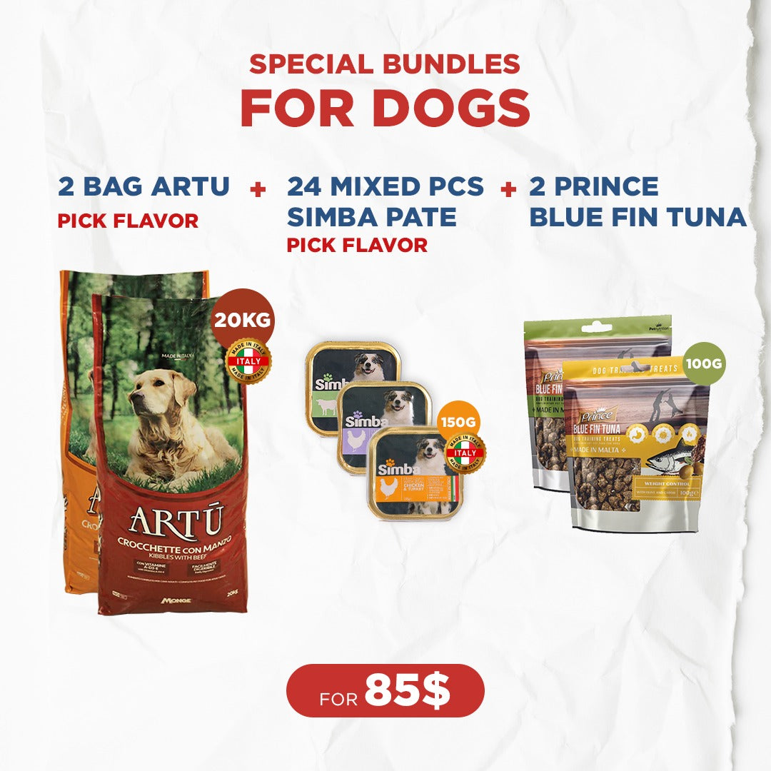 Dog Bundle Offer: 2 Artu Kibbles (20kg) + 24 Simba Paté (150g) + 2 Prince Blue Fin Tuna (100g)