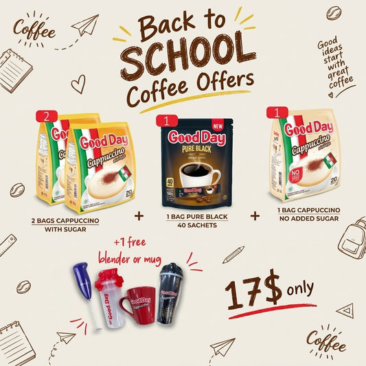 Coffee Bundle Offer: 2 Bags Good Day Cappuccino With Sugar + 1 bag Good Day Pure Black + 1 Bag Good Day Cappuccino No added Sugar + Blender or Mug