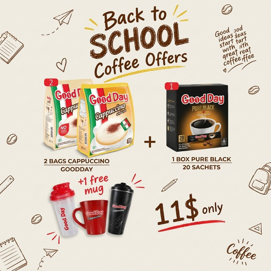 Coffee Bundle Offer: 2 Bags Good Day Cappuccino + 1 box Good Day Pure Black + Mug