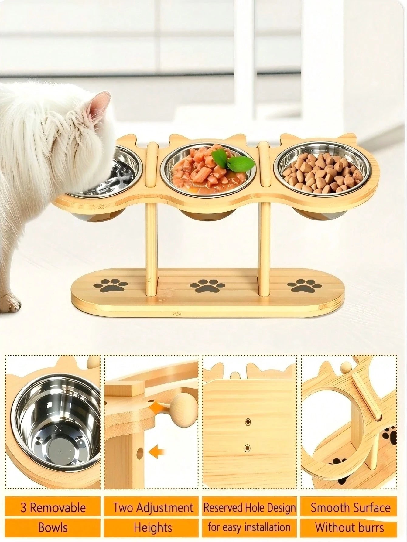 15° Tilted Wooden Pet Feeding Stand – 3 Stainless Steel Bowls for Cats & Small Dogs