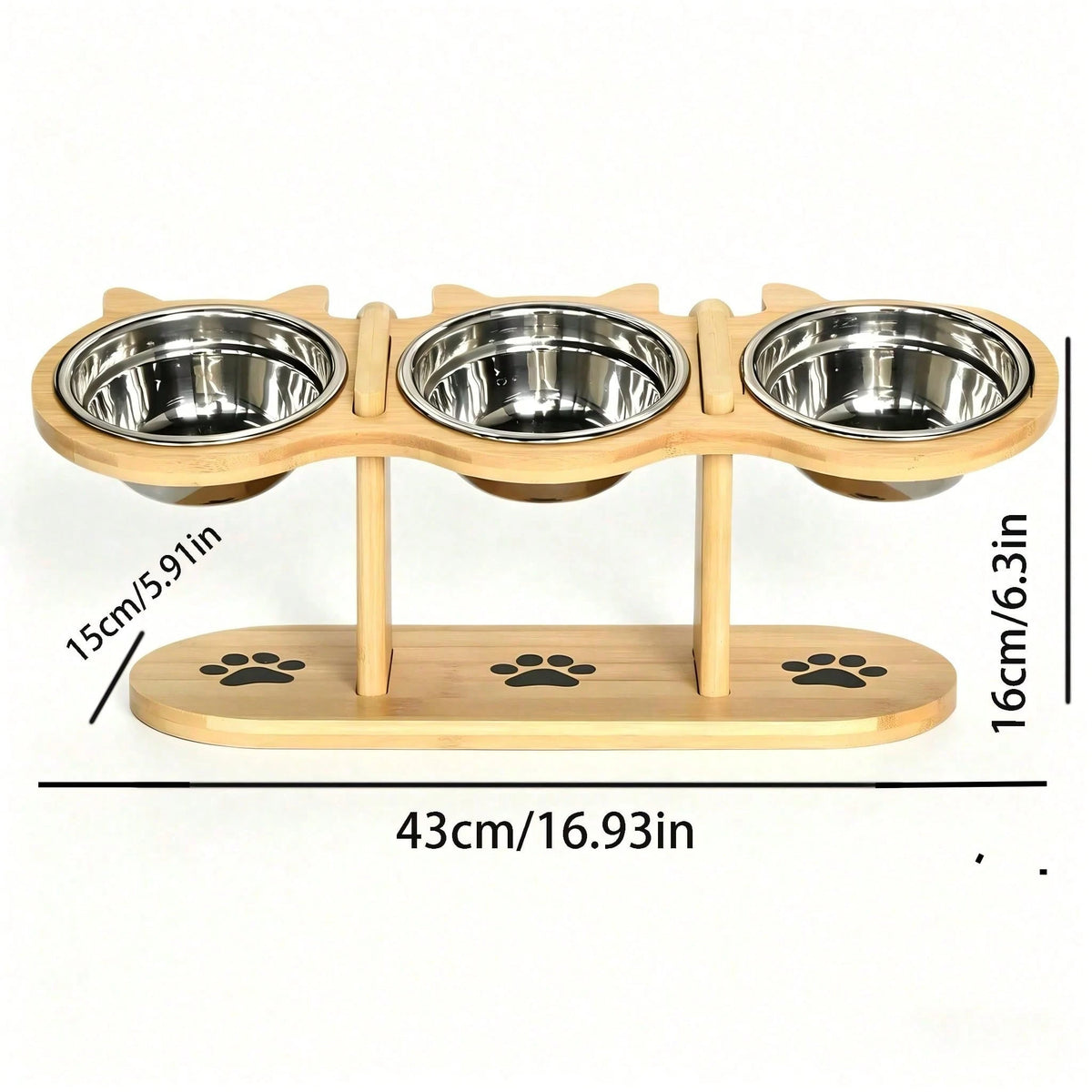 15° Tilted Wooden Pet Feeding Stand – 3 Stainless Steel Bowls for Cats & Small Dogs