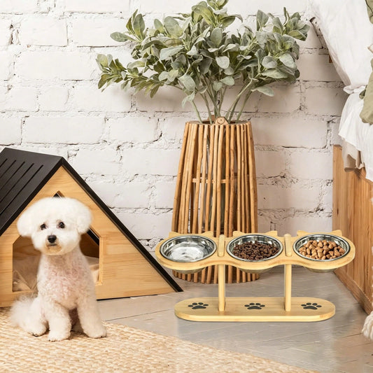 15° Tilted Wooden Pet Feeding Stand – 3 Stainless Steel Bowls for Cats & Small Dogs