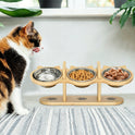 15° Tilted Wooden Pet Feeding Stand – 3 Stainless Steel Bowls for Cats & Small Dogs