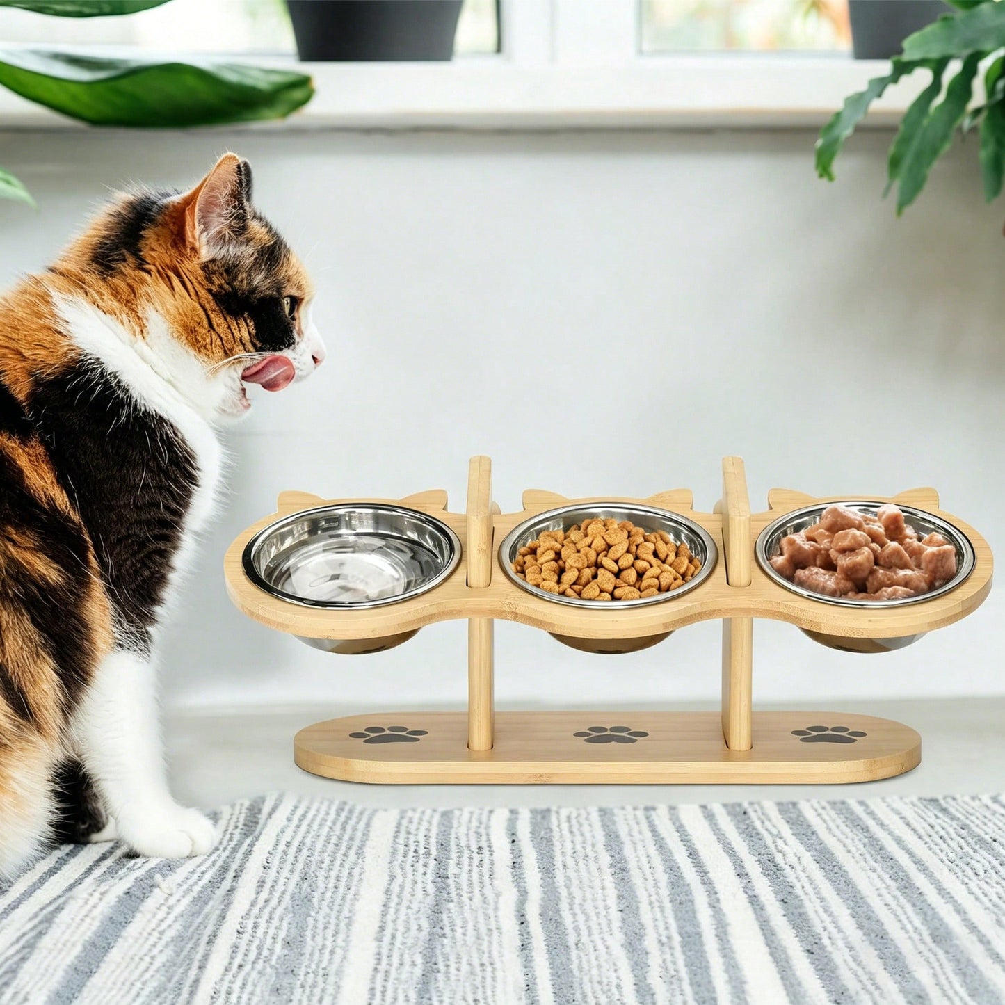 15° Tilted Wooden Pet Feeding Stand – 3 Stainless Steel Bowls for Cats & Small Dogs