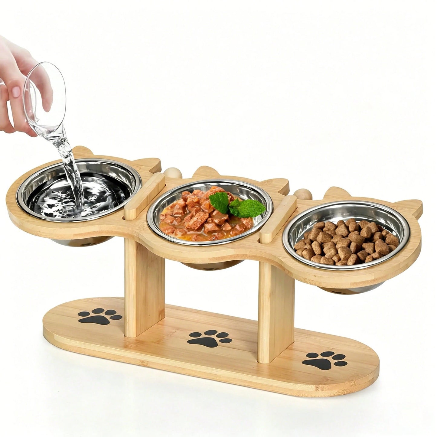 15° Tilted Wooden Pet Feeding Stand – 3 Stainless Steel Bowls for Cats & Small Dogs