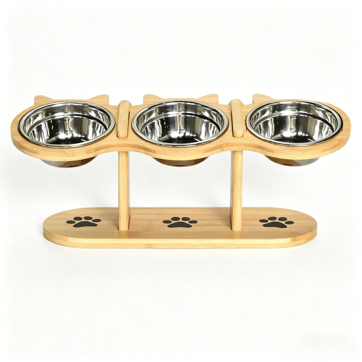 15° Tilted Wooden Pet Feeding Stand – 3 Stainless Steel Bowls for Cats & Small Dogs