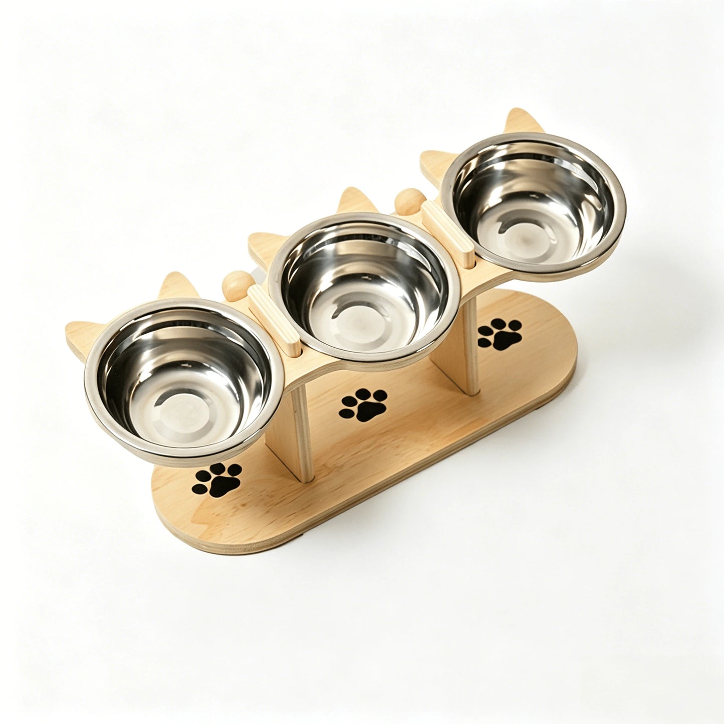 15° Tilted Wooden Pet Feeding Stand – 3 Stainless Steel Bowls for Cats & Small Dogs