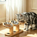 15° Tilted Wooden Pet Feeding Stand – 3 Stainless Steel Bowls for Cats & Small Dogs