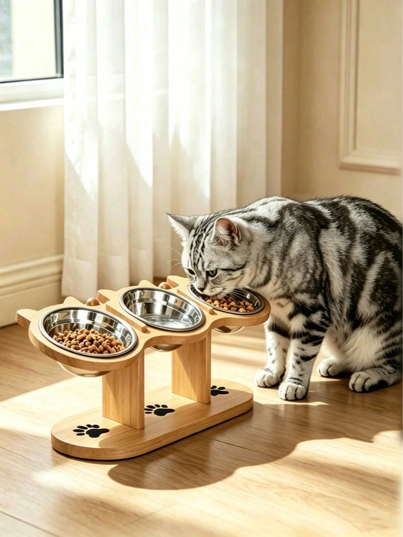 15° Tilted Wooden Pet Feeding Stand – 3 Stainless Steel Bowls for Cats & Small Dogs