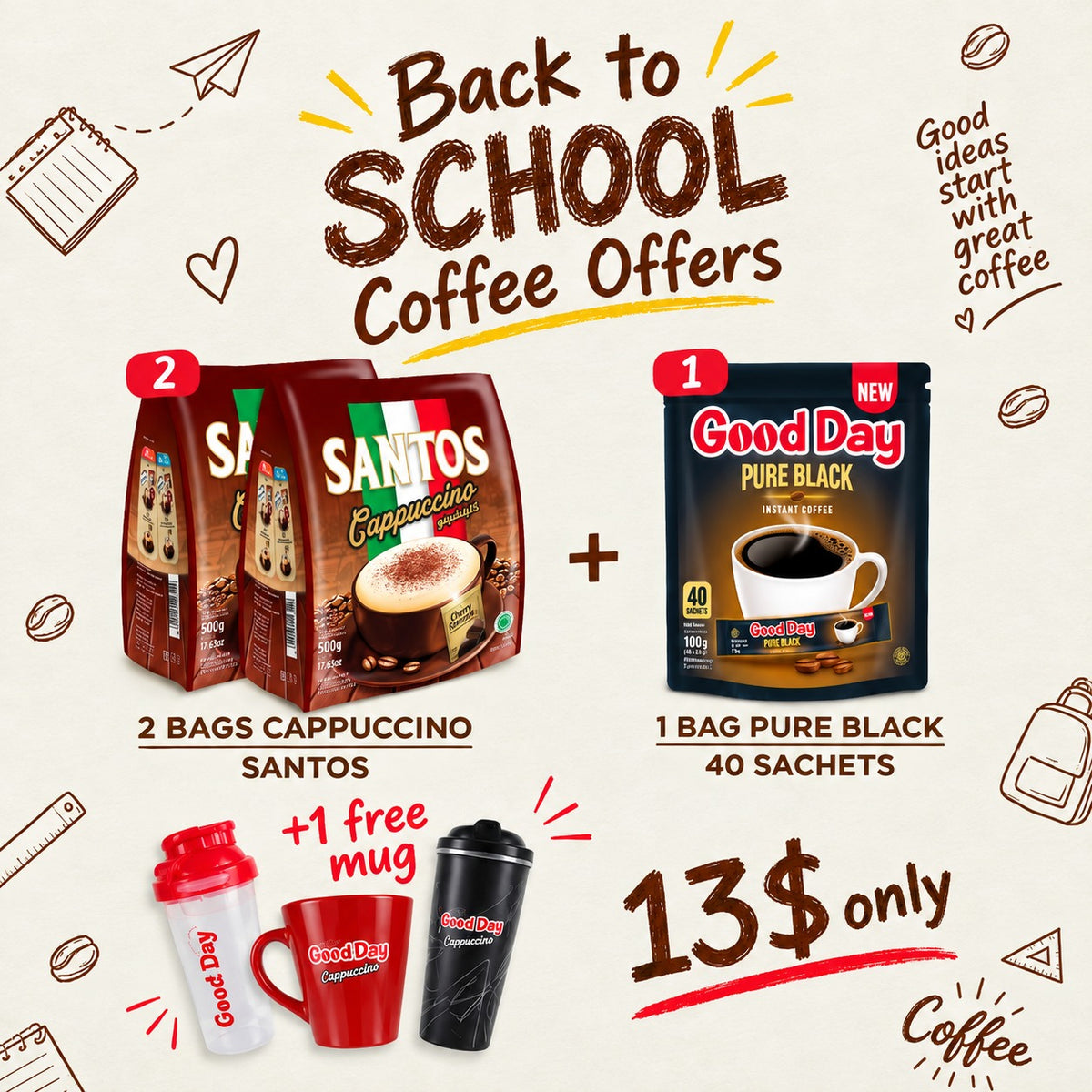 Coffee Bundle Offer: 2 Bags Santos Cappuccino + 1 box Good Day Pure Black + Mug