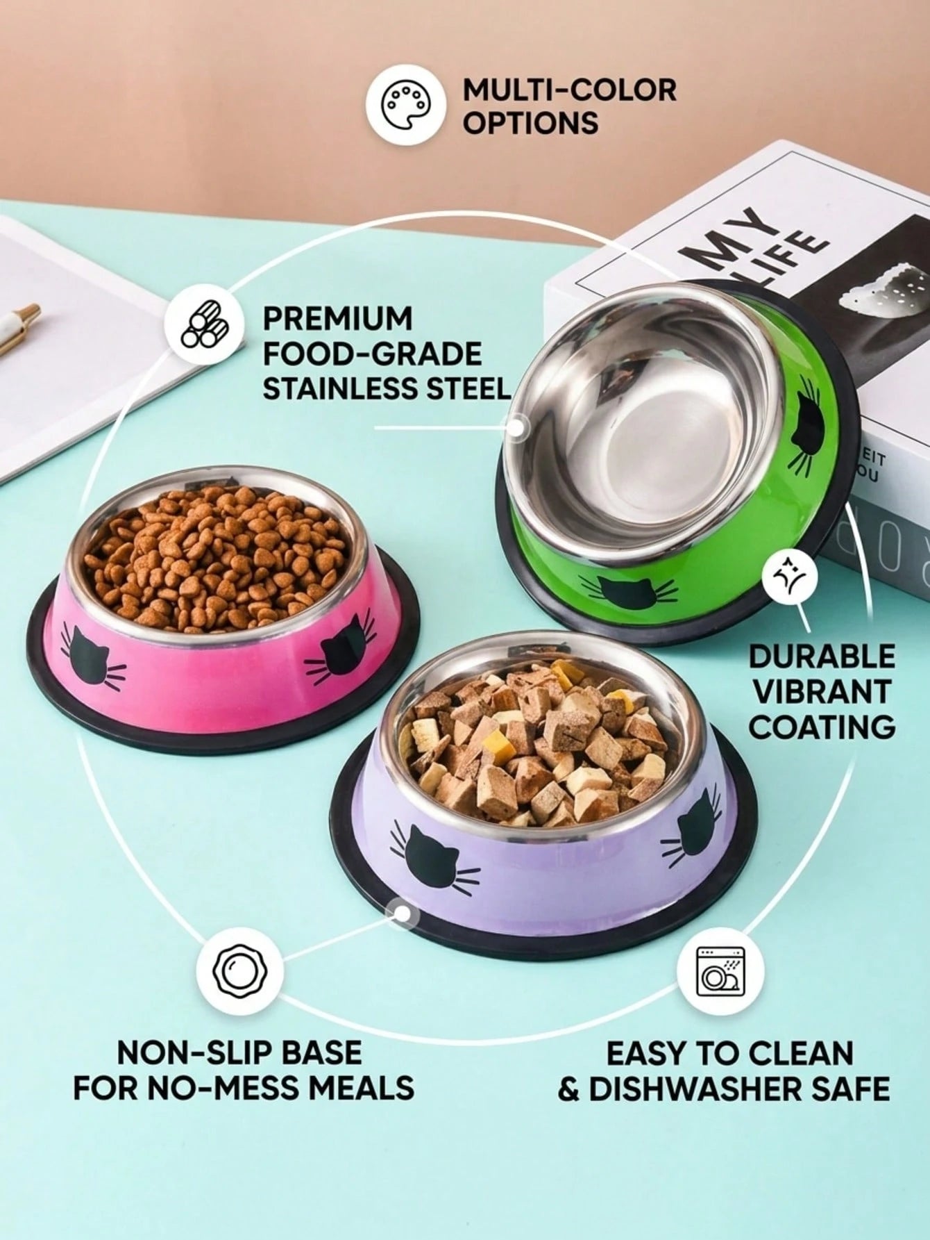 Stainless Steel Cat Bowl – Colorful Non‑Slip Food & Water Dish