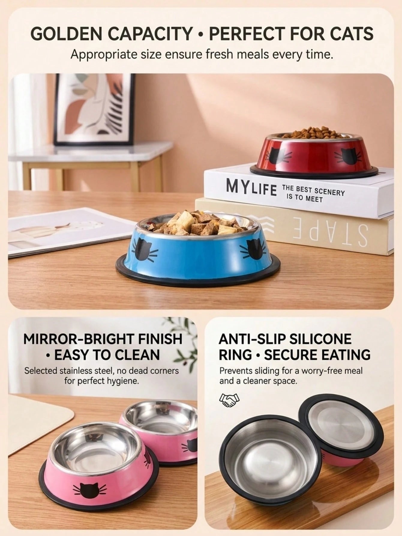 Stainless Steel Cat Bowl – Colorful Non‑Slip Food & Water Dish