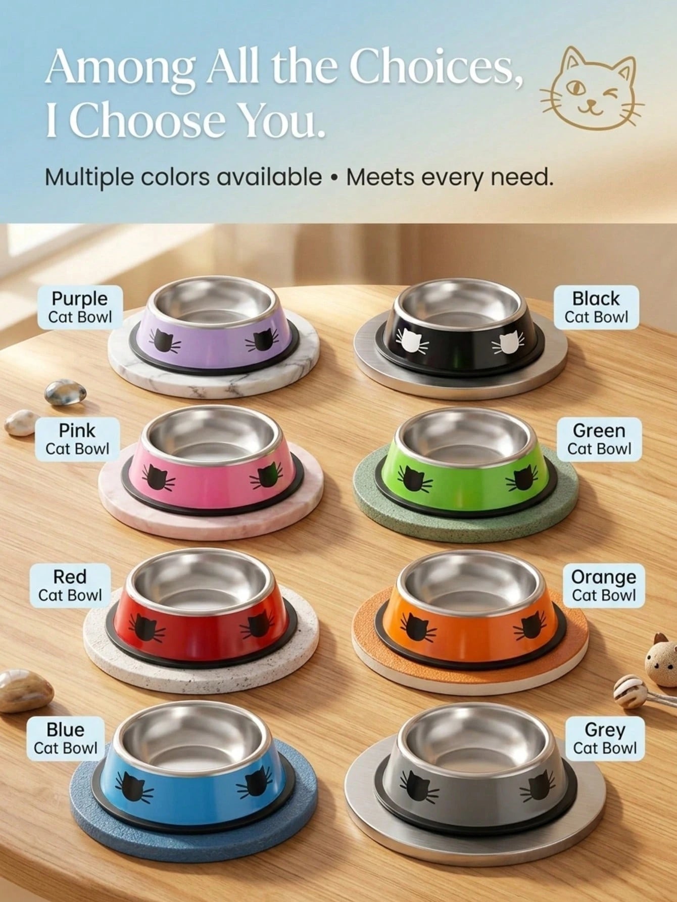 Stainless Steel Cat Bowl – Colorful Non‑Slip Food & Water Dish