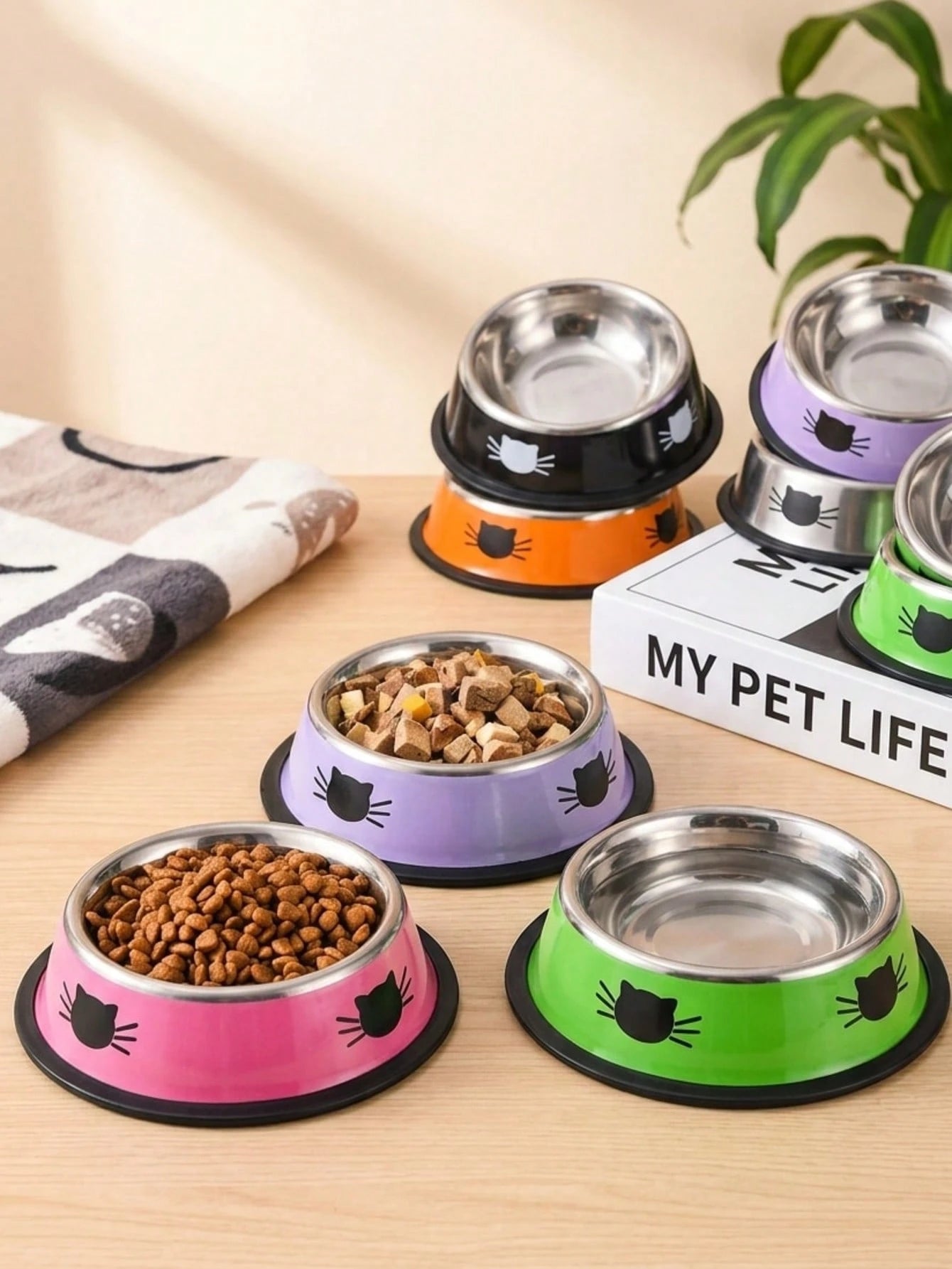 Stainless Steel Cat Bowl – Colorful Non‑Slip Food & Water Dish
