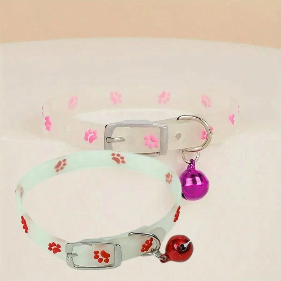 Luminous Pet Collar – Glow‑in‑the‑Dark Paw Print Design for Cats & Small Dogs