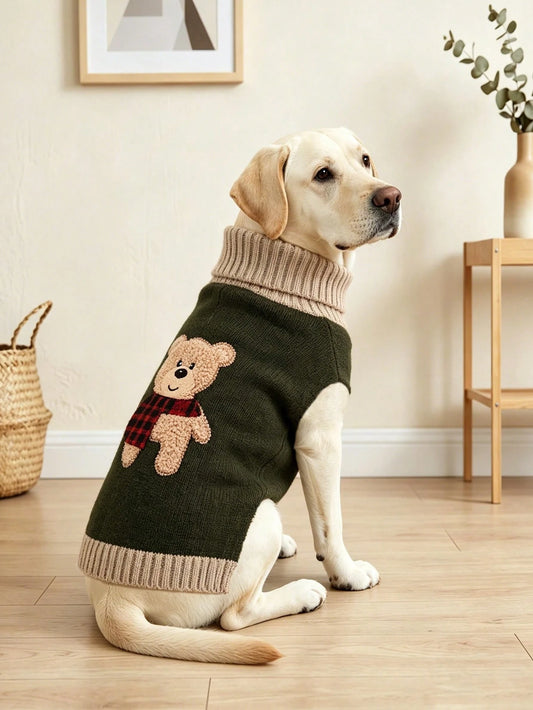 Bear Embroidered Dog Sweater – Warm Knitted Turtleneck Winter Pet Clothes for Small & Large Dogs