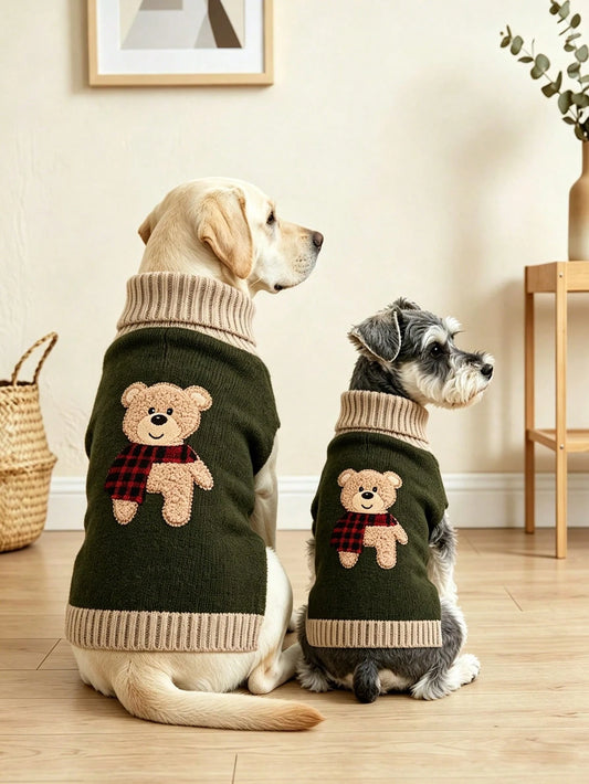 Bear Embroidered Dog Sweater – Warm Knitted Turtleneck Winter Pet Clothes for Small & Large Dogs