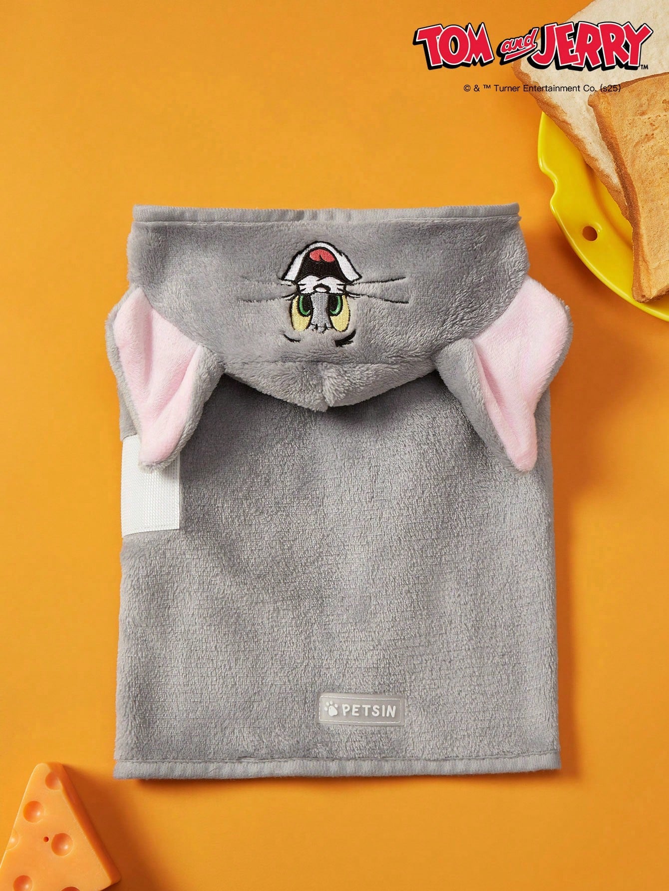 TOM & JERRY Embroidered Cat Face Plush Hooded Pet Bathrobe – Soft, Absorbent & Comfortable