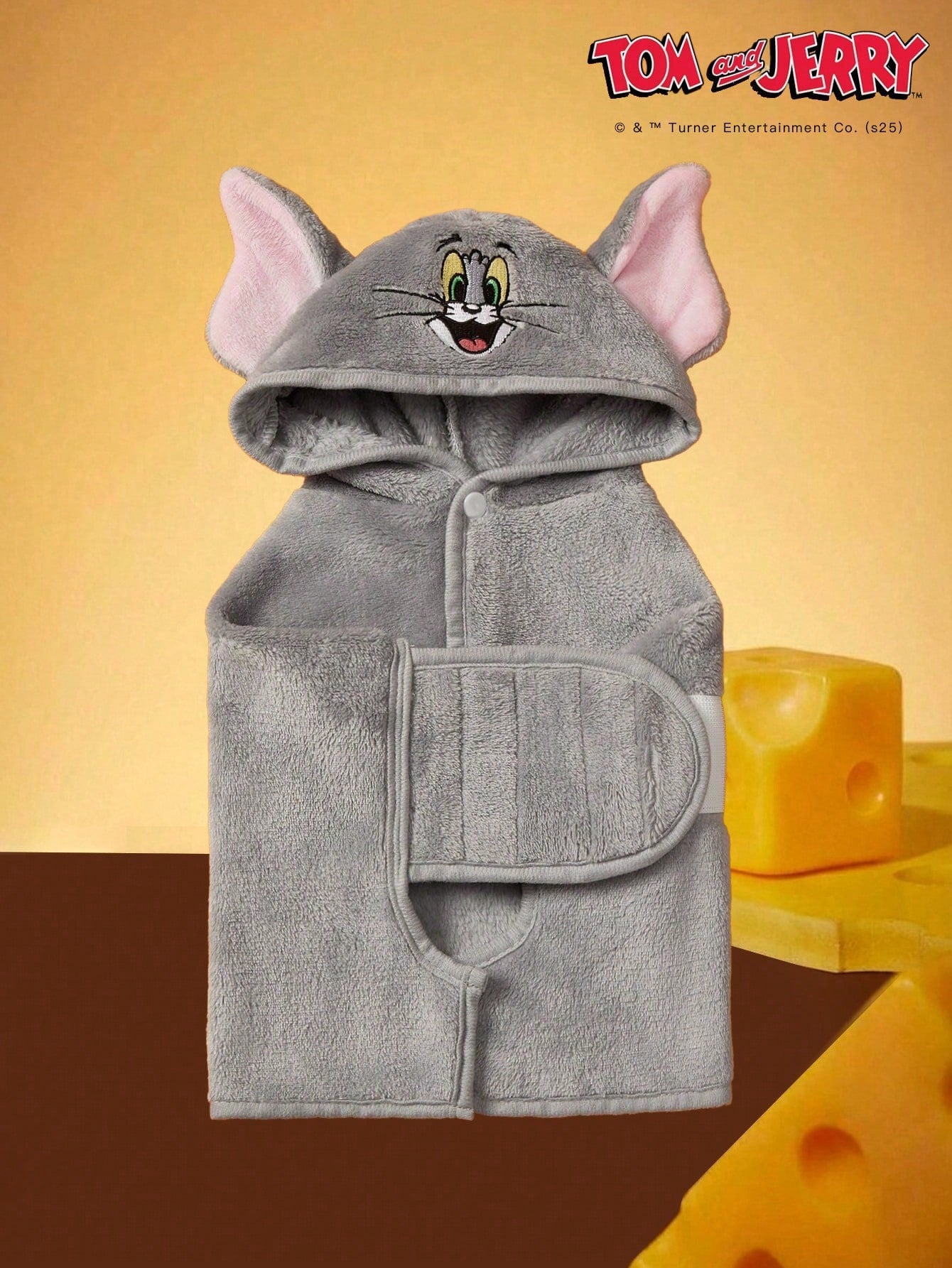 TOM & JERRY Embroidered Cat Face Plush Hooded Pet Bathrobe – Soft, Absorbent & Comfortable