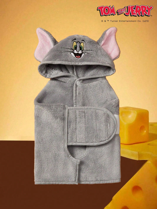 TOM & JERRY Embroidered Cat Face Plush Hooded Pet Bathrobe – Soft, Absorbent & Comfortable