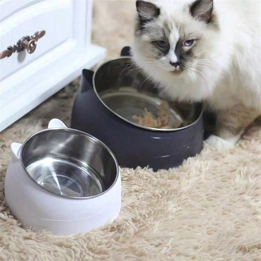 Elevated Stainless Steel Cat Bowl – 2‑in‑1 Inclined Food & Water Dish with Cute Ear Stand