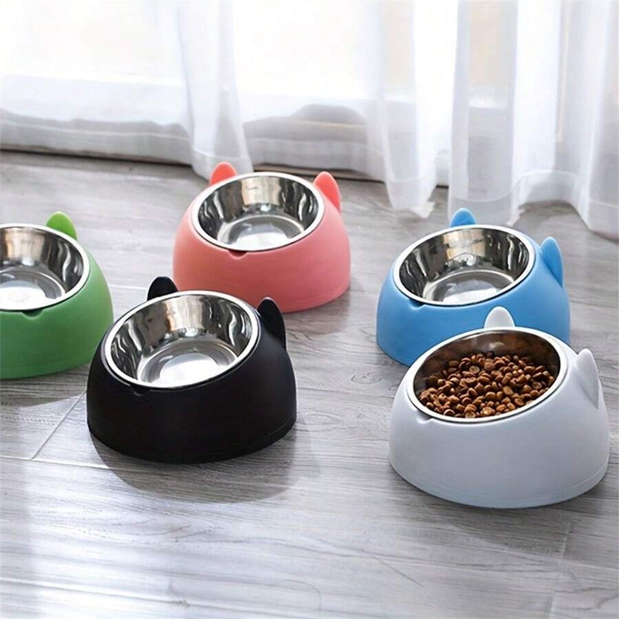Elevated Stainless Steel Cat Bowl – 2‑in‑1 Inclined Food & Water Dish with Cute Ear Stand